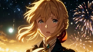 雨夜烟花下的动漫美少女