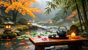 秋天园林雨景