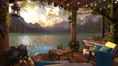 傍晚落日下湖畔木屋