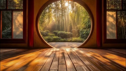 唯美落日竹林庭院风景