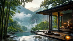 山水瀑布竹林木屋