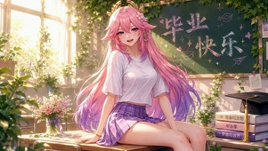 毕业快乐粉发二次元美少女