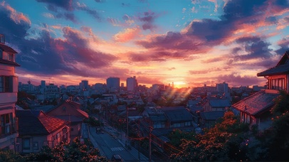 晚霞静谧外国小镇村落