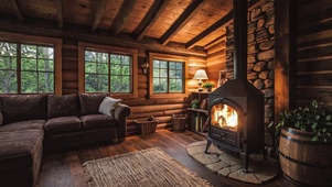 【雨景】温暖的木屋客厅