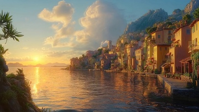 落日海岛海岸建筑