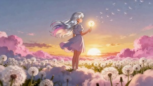 蒲公英花海的少女