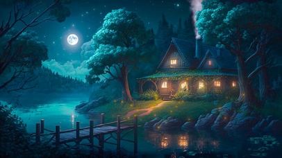 唯美月夜湖边小屋