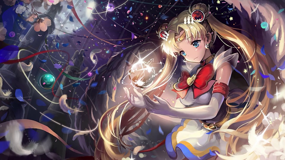 金色双马尾动漫少女身着经典水手战斗服，佩戴金色额饰与白色长手套，双手托举发光透明光球，背景为散布彩色星点的深紫蓝色星空，点缀蓝紫色花瓣与粉色花枝。