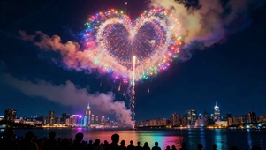浪漫爱心烟花城市夜景