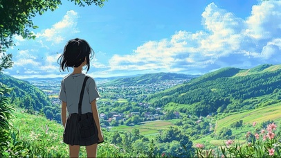 远眺绿色小镇的女孩