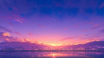 静谧晚霞河畔城市