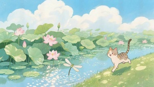 清新荷叶和猫