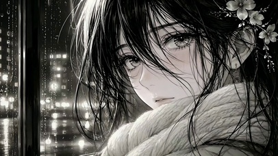 雨天窗边简约动漫女孩
