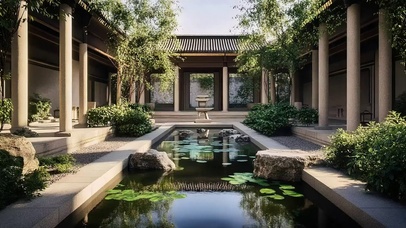 夏日静谧园林池塘景观