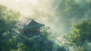 山林朦胧清晨古风建筑