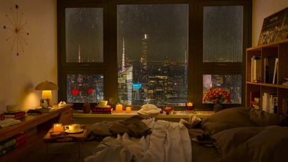 雨天都市温馨卧室 