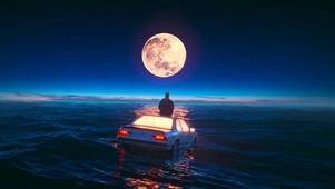 夜空海面漂浮的汽车