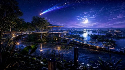 月夜星空江畔观景步道