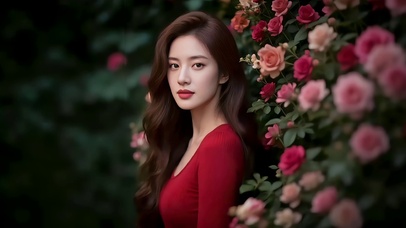 鲜花丛中红衣长发美女2