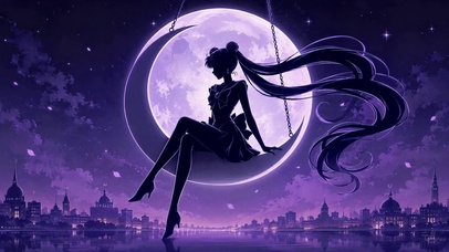 紫月秋千美少女剪影