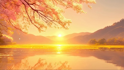 金色日出樱花湖畔