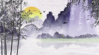 瀑布夕阳树木中国风水墨画飞鸟