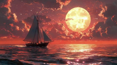 大海黄昏落日帆船美景