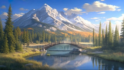 静谧松林湖畔拱桥