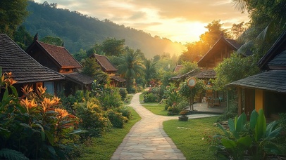 落日乡村小径木屋