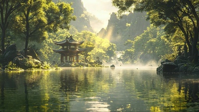 绿色夏日树林湖畔古亭