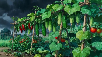 雨幕里的瓜椒番茄园