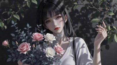 玫瑰丛中的氛围感美少女