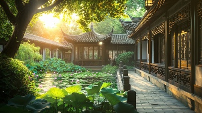 夏日午后荷花池塘庭院