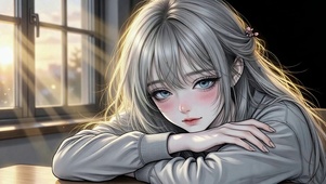 暖光窗边温柔少女
