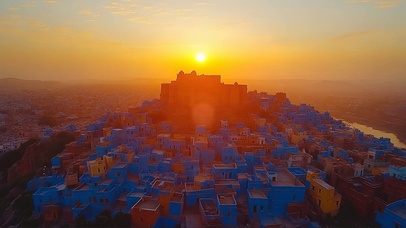 俯瞰落日蓝色古城