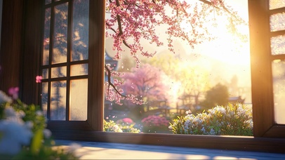 夕阳窗景唯美樱花阳光