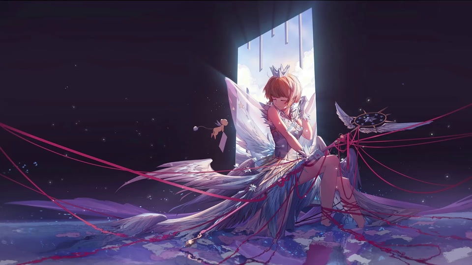 二次元插画中，带半透明白色羽翼的浅棕短发少女坐于紫调纹理地面，手持星盘装饰法杖，身侧有小型带翼形象，红色丝带向四周延展，背景深暗，竖窗露出蓝天白云。