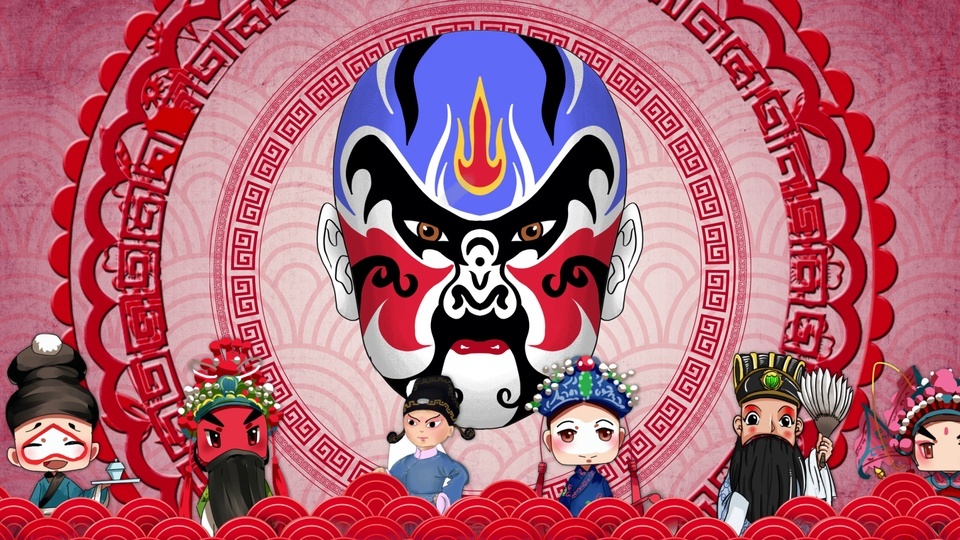 Q版戏曲人物居中脸谱群像插画