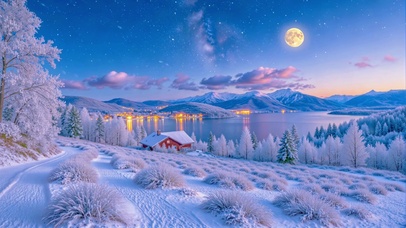 雪夜湖光暖舍