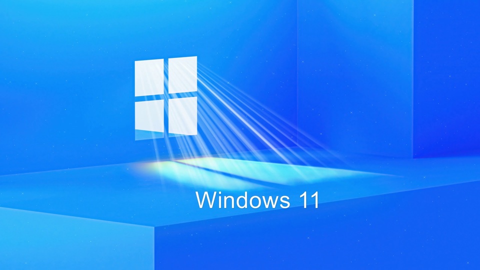 浅蓝色3D几何空间中的白色Windows 11徽标与文字，空间点缀细小星点，科技感简约风格