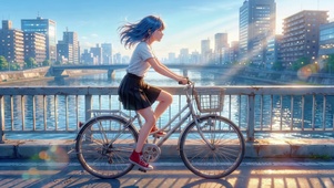 河畔骑行的少女