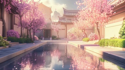 春日粉色落樱庭院池塘