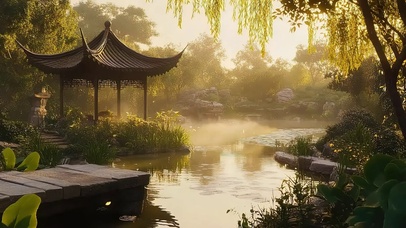 夏日绿色静谧湖畔古亭