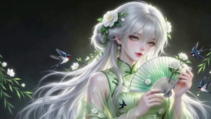 古风银发少女执扇迎春