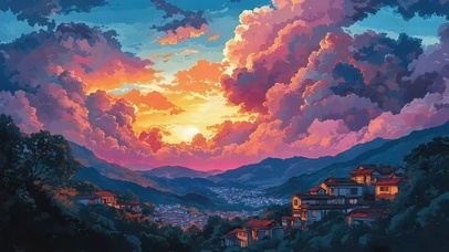 渐变云朵晚霞林中小镇