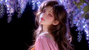 紫藤花下的粉裙少女
