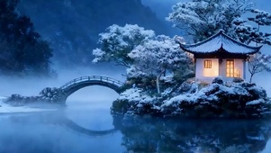 夜景雪景湖面带鱼屏