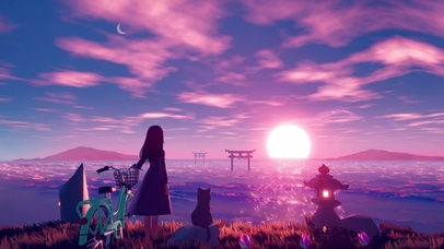 4K唯美治愈看日出的动漫少女猫