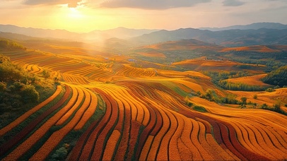 落日山谷梯田花海