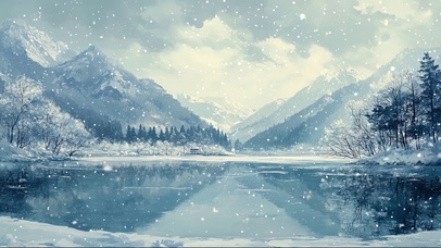 冬日冷调雪日湖畔山川